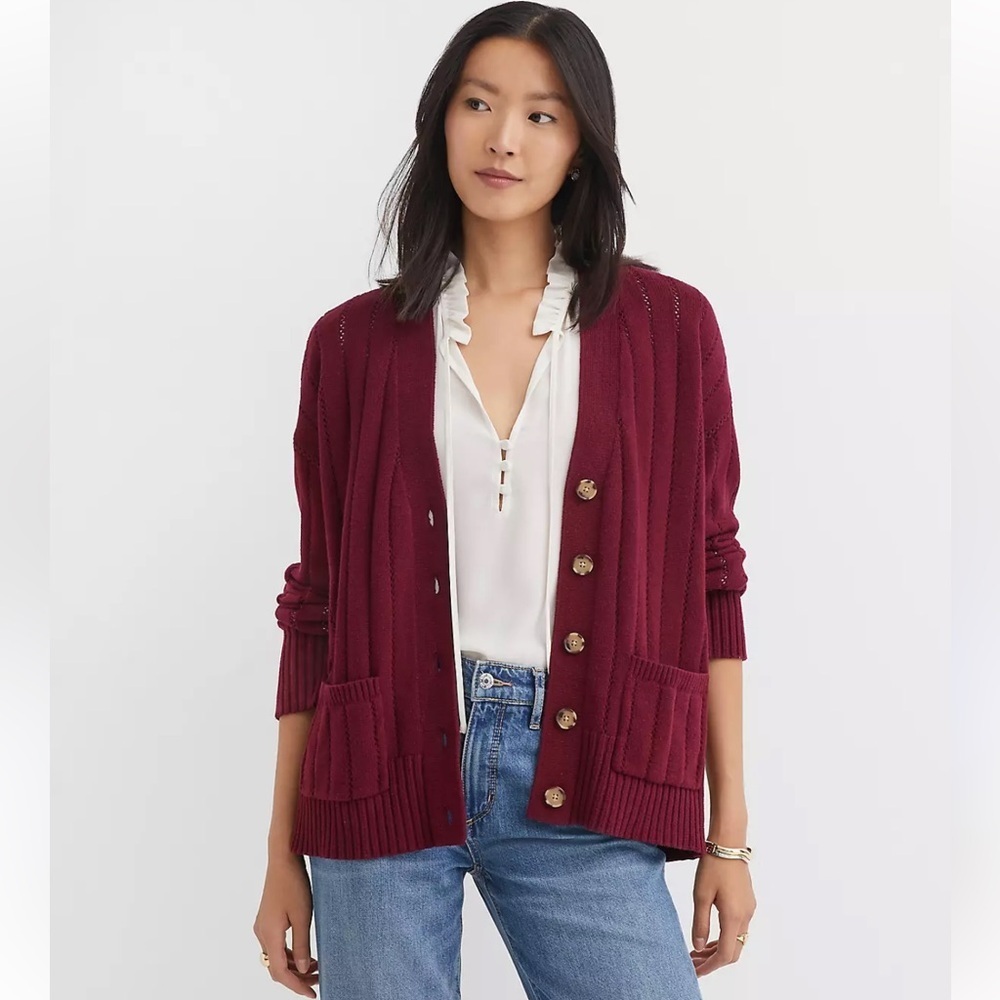LOFT Pointelle Girlfriend Cardigan Burgundy